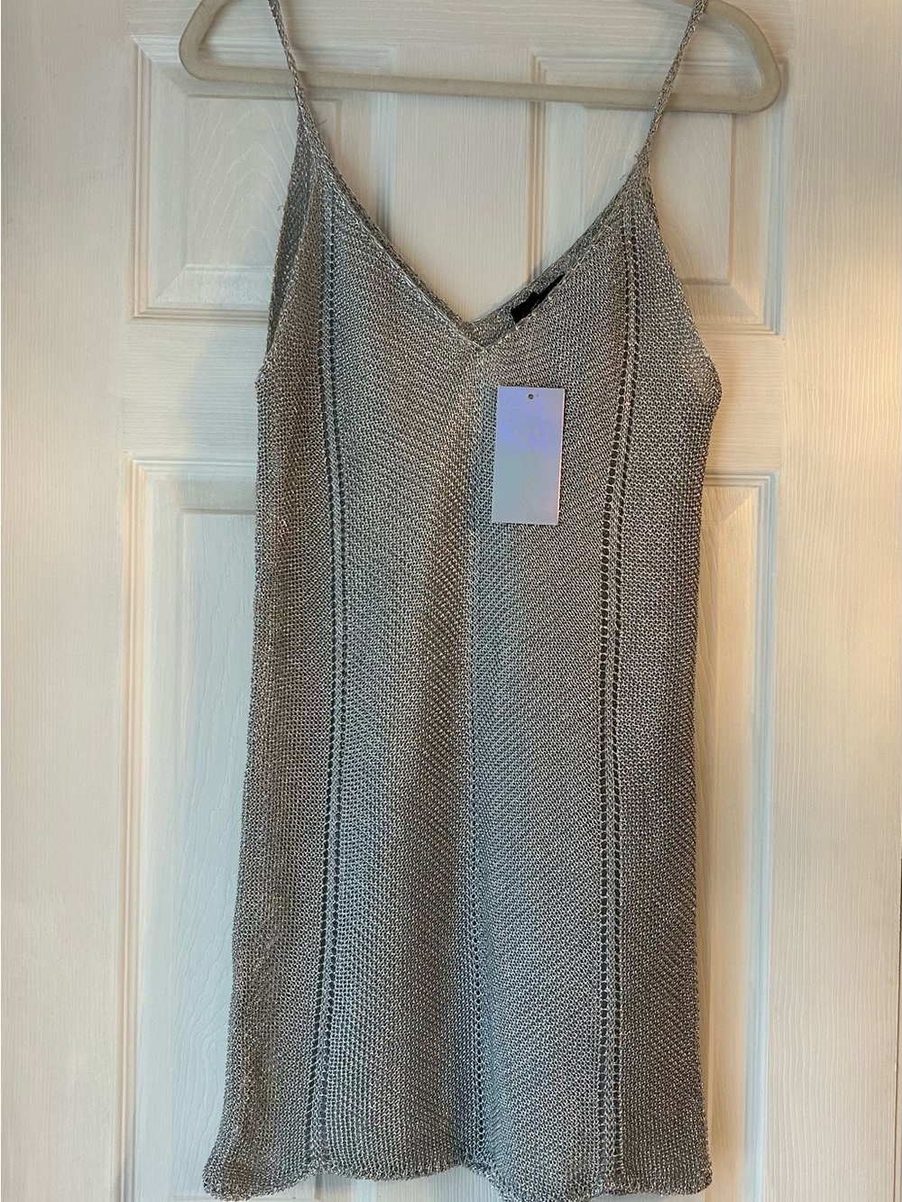 Silver Metallic Mesh Knit Mini Slip Dress